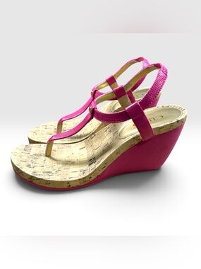 Chaps Raevyn Women’s Size 8B Pink T-Strap Cork Wedge Slingback Sandals
